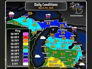Michigan Weather Swings From Snow and Freezing North to 70°F South Along I-94 as Flood Risk and Thunderstorm Chances Build