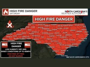 North Carolina Under Statewide High Fire Danger Alert Saturday as Strong Winds and Critically Low Humidity Raise Risk of Rapid Wildfire Spread