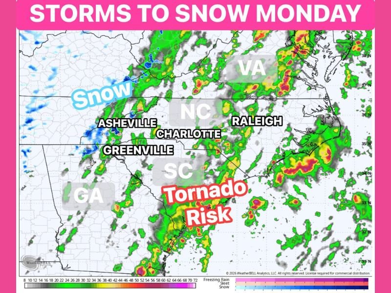 North Carolina and South Carolina Face Rare March Weather Split as Tornado Threat Targets Eastern Areas While Snow Moves Into Western Mountains