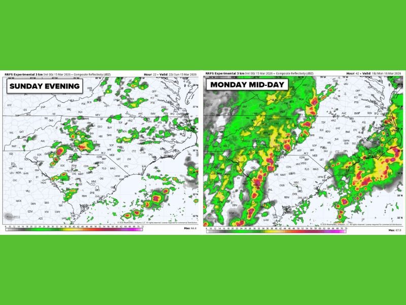 North Carolina and South Carolina Face Two Rounds of Severe Storms Sunday Night and Monday With Tornado Risk and Damaging Winds