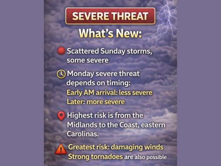 North Carolina and South Carolina Severe Weather Threat Could Intensify Monday With Damaging Winds and Possible Tornadoes From Midlands to Coast