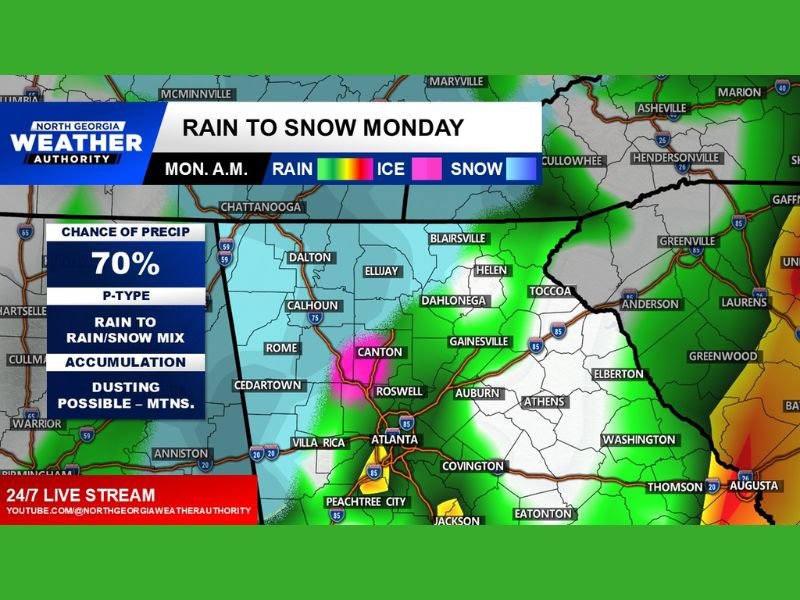 North Georgia Braces for Rare Monday Weather Swing With Morning Thunderstorms Turning to Snow Showers by Afternoon