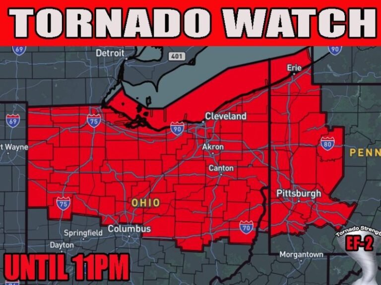 Northern Ohio and Western Pennsylvania Under Tornado Watch Until 11 PM as Supercell Storms Threaten Cleveland Akron and Pittsburgh Regions