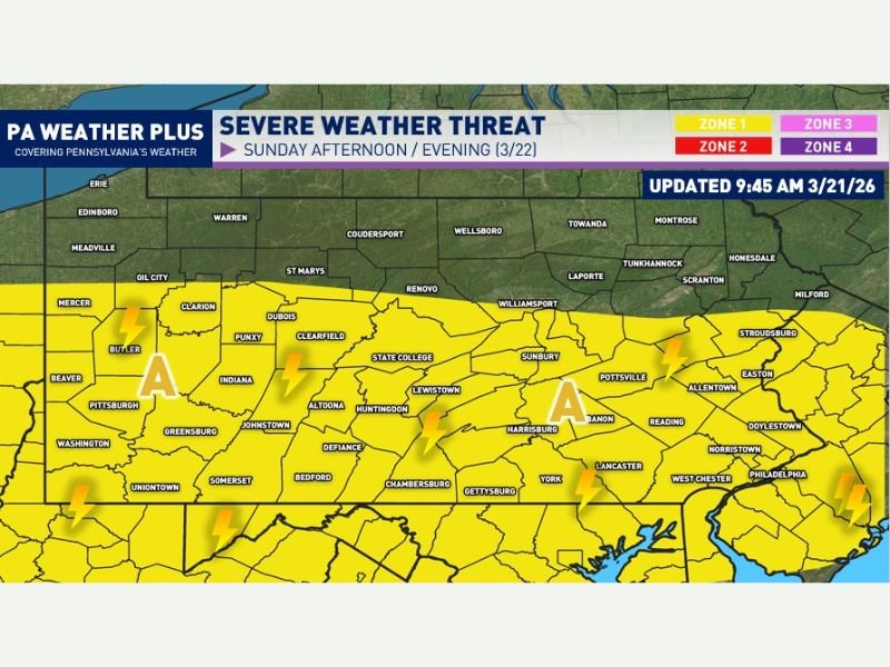 Pennsylvania Faces Sunday Severe Weather Threat With Damaging Winds and Quarter-Size Hail Risk South of I-80 Into Evening