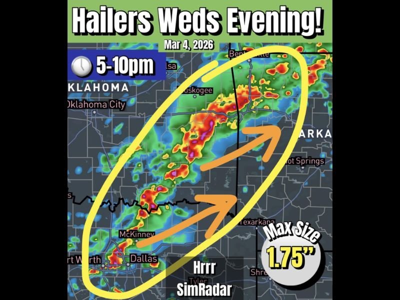 Severe Storms Expected Wednesday Evening Across North Texas, Eastern Oklahoma and Western Arkansas With Hail Up to 1.75 Inches Possible