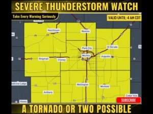 Severe Thunderstorm Watch Issued for South Central Kansas Including Wichita as Large Hail, 70 MPH Winds and Possible Tornadoes Threaten Overnight