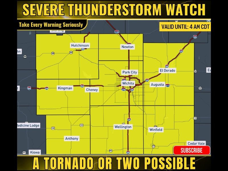 Severe Thunderstorm Watch Issued for South Central Kansas Including Wichita as Large Hail, 70 MPH Winds and Possible Tornadoes Threaten Overnight