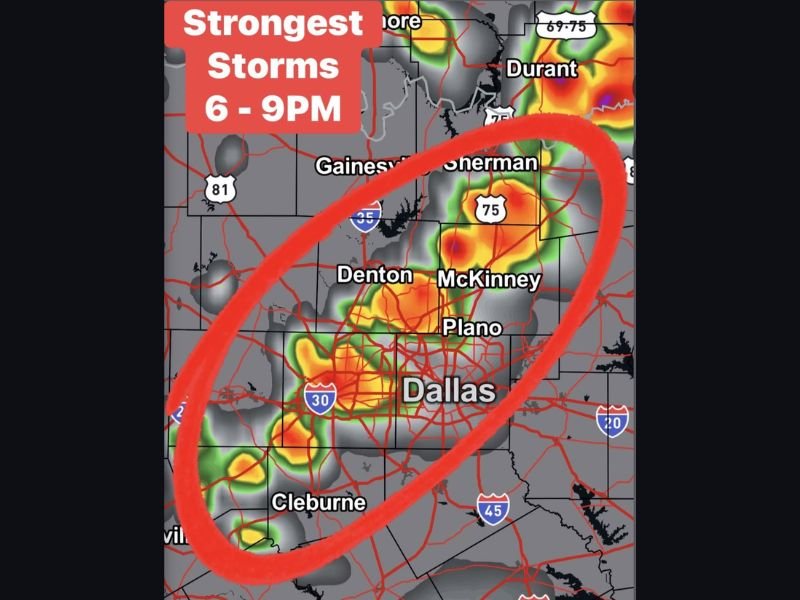 Severe Thunderstorms Expected Around Dallas–Fort Worth This Evening With Strongest Storms Between 6 PM and 9 PM Bringing Hail and 60 MPH Winds