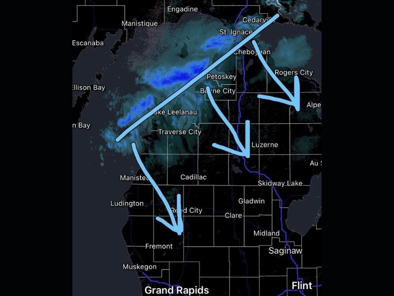 Snow Squall Line Sweeps Into Northwestern Lower Michigan Bringing Whiteouts, 35 MPH Wind Gusts and Quick Bursts of Snow Tonight