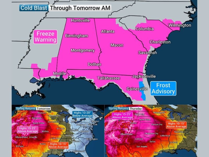 South Carolina, Georgia, Alabama and Florida Face Freeze Warning Before Sudden Surge Toward 100 Degree Heat Across Southern Plains