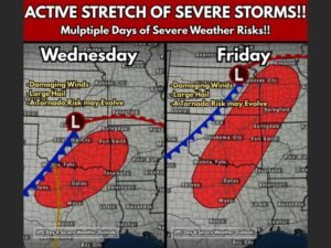Southern Plains and Mid-South Face Two Designated Severe Weather Days Wednesday and Friday With Damaging Winds, Large Hail and Possible Tornado Risk