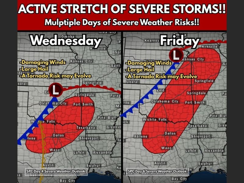 Southern Plains and Mid-South Face Two Designated Severe Weather Days Wednesday and Friday With Damaging Winds, Large Hail and Possible Tornado Risk