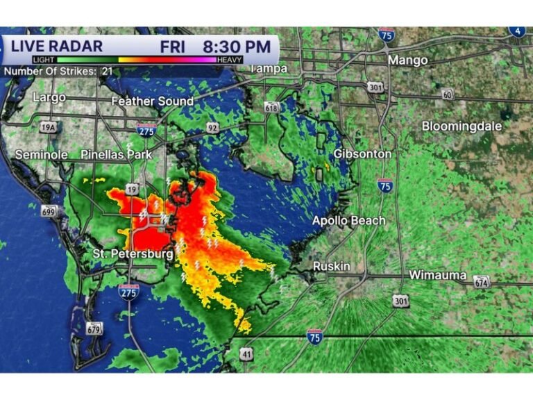 Strong Thunderstorm Moves Over St. Petersburg, Florida as Radar Shows Intense Lightning and Possible Small Hail Friday Night