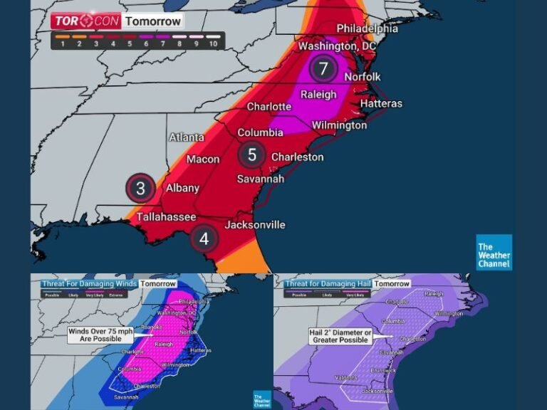 TORCON 7 Alert for Washington DC, North Carolina and South Carolina as Tornado Outbreak, 75+ MPH Winds and Large Hail Threaten Monday
