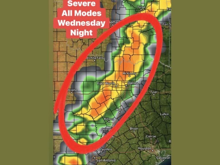 Texas Including Dallas, Fort Worth, Waco and Abilene Faces All Modes Severe Storm Threat With 60 MPH Winds, Hail and Tornado Risk Wednesday Night