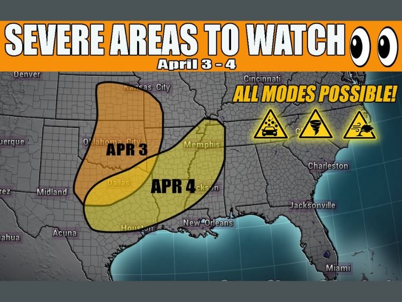 Texas, Oklahoma, Arkansas, Louisiana, Mississippi and Tennessee Face Severe Storm Threat With Tornado and Large Hail Risk April 3 and 4