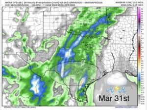 Texas, Oklahoma, Arkansas, Louisiana and Mississippi Could See Rain Return March 31 Into April 1 After Prolonged Heat and Dry Stretch