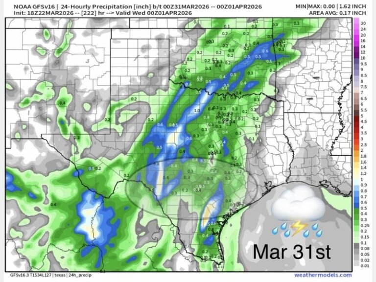 Texas, Oklahoma, Arkansas, Louisiana and Mississippi Could See Rain Return March 31 Into April 1 After Prolonged Heat and Dry Stretch