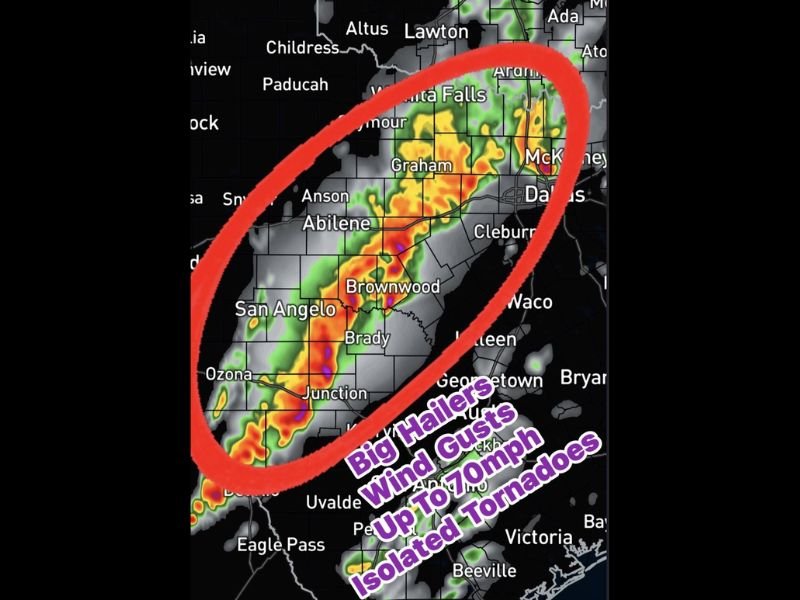 Texas Storm Threat Tuesday Night: Dallas–Fort Worth to Del Rio Corridor Could See 2-Inch Hail, 70 MPH Winds and Isolated Tornadoes