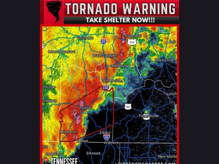 Tornado Warning in Tennessee as Dangerous Storm Near Pulaski Races Toward Lewisburg and the I-65 Corridor at 60 MPH