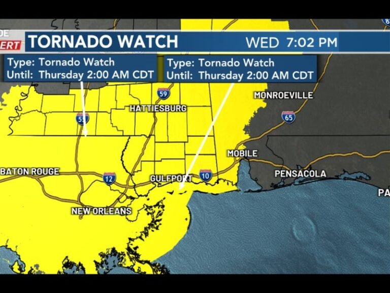 Tornado Watch Issued for South Mississippi Until 2 A.M. as Overnight Storm Line Could Bring Damaging Winds and Possible Tornadoes