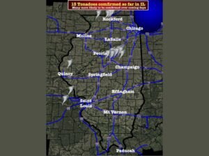 13 Tornadoes Confirmed Across Illinois Including EF-2 in Lena and Multiple EF-1s Hitting Bloomington and Normal Pushing State Yearly Total to 65