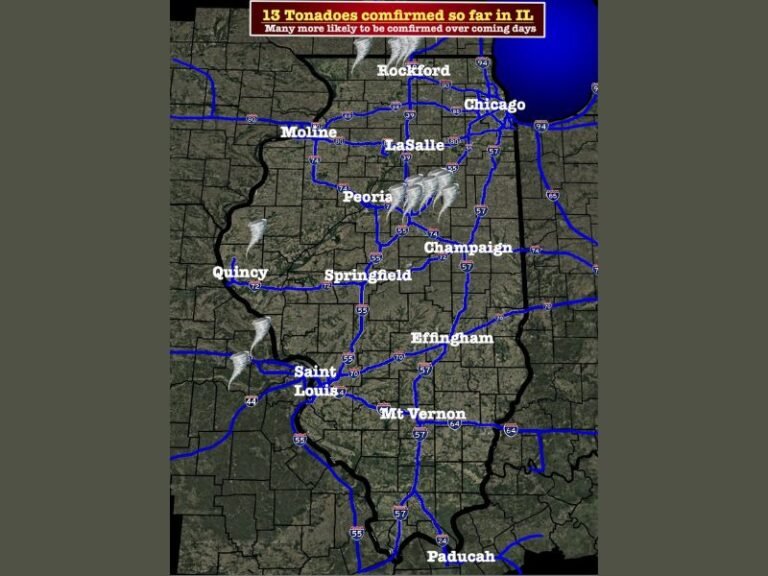 13 Tornadoes Confirmed Across Illinois Including EF-2 in Lena and Multiple EF-1s Hitting Bloomington and Normal Pushing State Yearly Total to 65