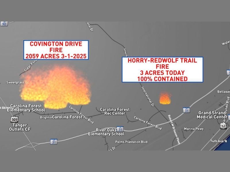 3.25-Acre Horry-Redwolf Trail Wildfire in Carolina Forest South Carolina Reaches 100 Percent Containment as Horry County Fire Rescue and South Carolina Forestry Commission Respond