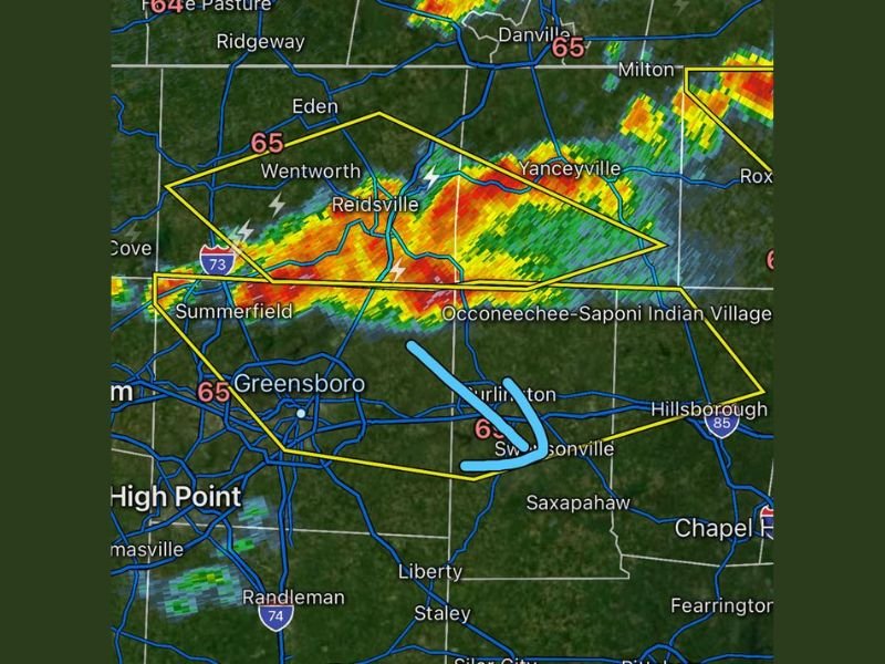 60 MPH Wind Gusts and Quarter Size Hail Strike Central North Carolina Under Severe Thunderstorm Warning Targeting Greensboro, Burlington, Hillsborough, and Mebane