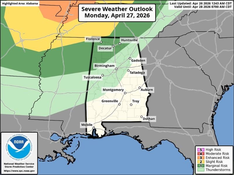 Active Severe Weather Week Ahead for Alabama With Level 1 and Level 2 Storm Risks Monday Night Through Tuesday Targeting Huntsville, Florence, Birmingham and Decatur