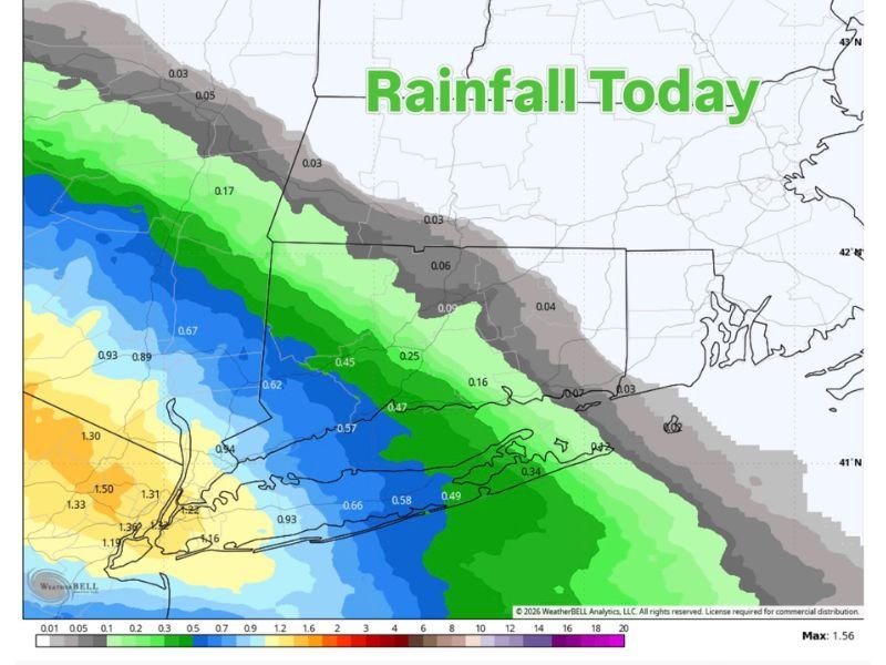 Afternoon Rain Slides Into Central and Southwest Connecticut Saturday Bringing Up to an Inch of Rainfall While Northeast CT Stays Nearly Dry and Clearing Expected