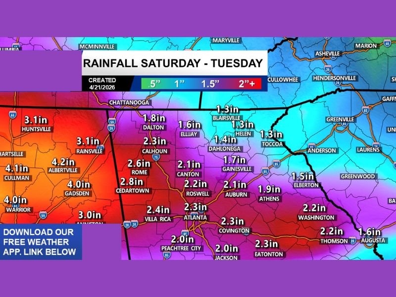 Alabama and Georgia Set to Receive Up to 4 Inches of Rain as Multiple Storm Systems Move Through the Region Saturday Through Tuesday