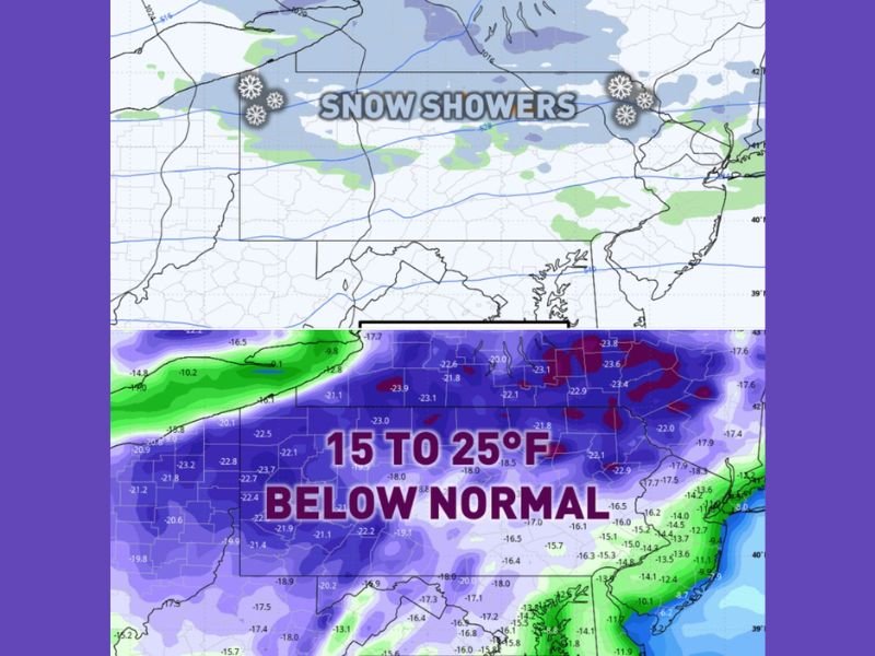 April Snow Showers Return to Pennsylvania and New Jersey as Temperatures Drop 15 to 25 Degrees Below Normal Early This Week
