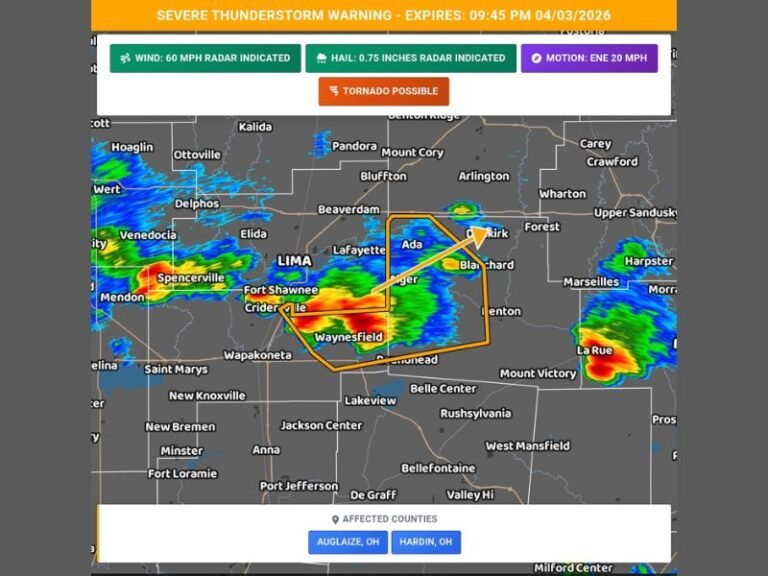Auglaize and Hardin Counties in Ohio Hit by Severe Thunderstorm Near Waynesfield With 60 MPH Winds, Hail and Tornado Concern