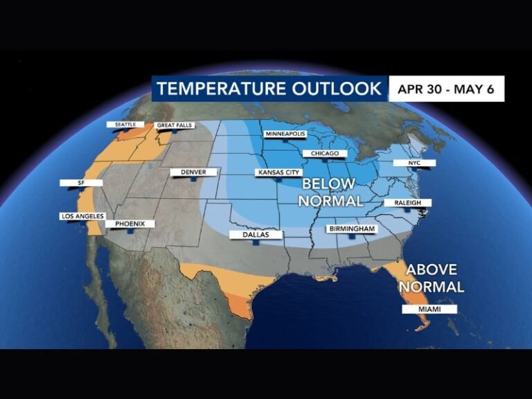 Below Normal Temperatures Expected Across Kansas, Dallas, Birmingham and Raleigh From April 30 Through May 6 With 30 to 40 Percent Chance of Cooler Than Average Conditions