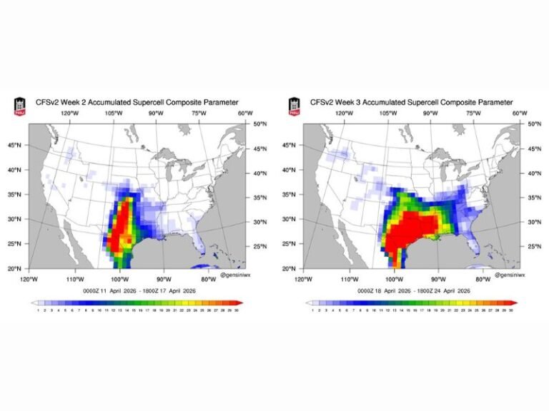 Central and Southern Plains Including Texas Oklahoma and Kansas Show Rising Supercell Storm Potential Over Next Two to Three Weeks