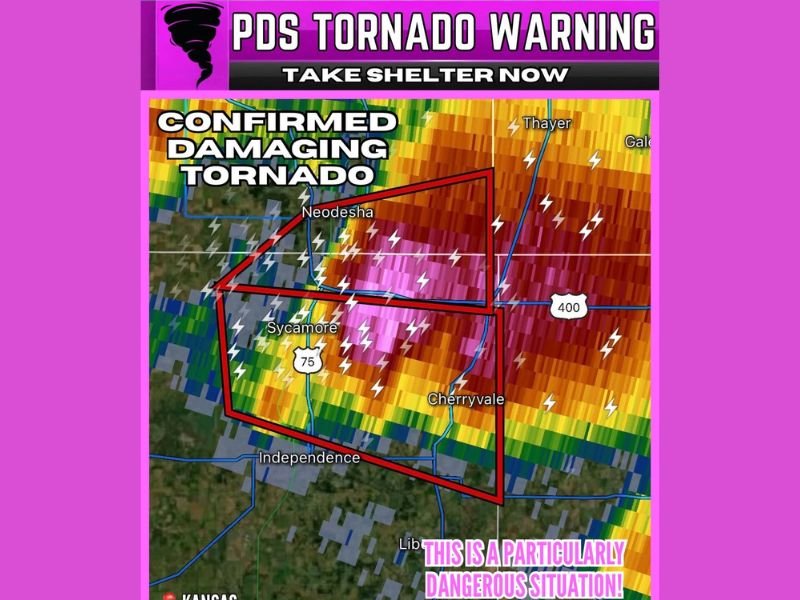 Confirmed PDS Tornado Warning Issued for Kansas With Large and Extremely Dangerous Tornado Moving East Near Independence Threatening Neodesha Cherryvale and Sycamore