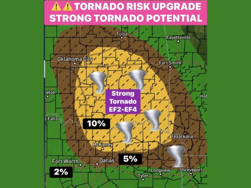 EF-2 to EF-4 Tornado Risk Upgrade Across Oklahoma and East Texas Tonight — Supercells Bringing 70 to 80 MPH Winds and Significant Hail Sliding Southeast