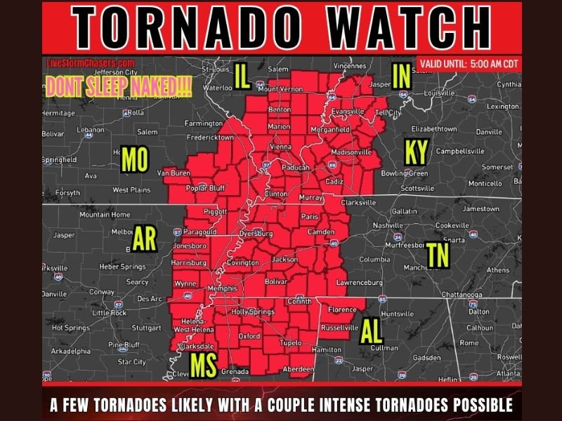 Eight States With Intense Tornadoes Likely Golf Ball Sized Hail and 70 MPH Winds Threatening Alabama Arkansas Illinois Indiana Kentucky Missouri Mississippi and Tennessee