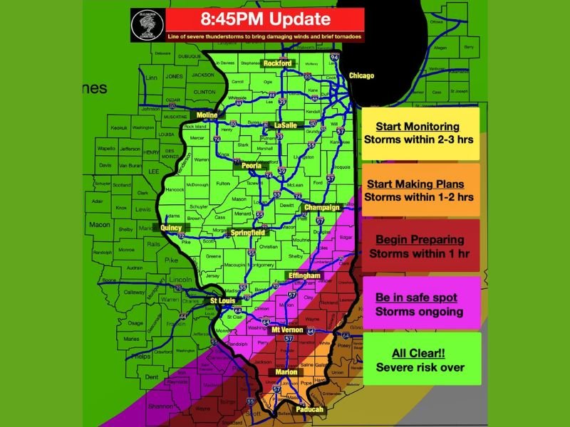 Embedded Tornadoes Damaging Winds and Hail Strike Illinois as Severe Thunderstorm Line Drops South Threatening Springfield Effingham Mt Vernon Marion and Paducah