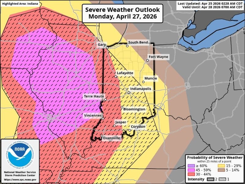 Enhanced Risk Severe Storms Threaten Illinois and Indiana Monday With Wind, Hail and Tornadoes Possible Across Central IL and Cities Including Terre Haute, Evansville, Indianapolis and Gary