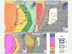 Enhanced Risk Severe Storms to Strike Illinois and Indiana Monday With EF3 Tornado Threat Near Terre Haute, Very Large Hail Across Central Illinois and 58 MPH Damaging Winds