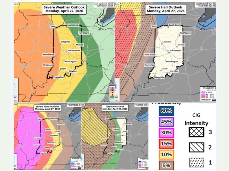 Enhanced Risk Severe Storms to Strike Illinois and Indiana Monday With EF3 Tornado Threat Near Terre Haute, Very Large Hail Across Central Illinois and 58 MPH Damaging Winds