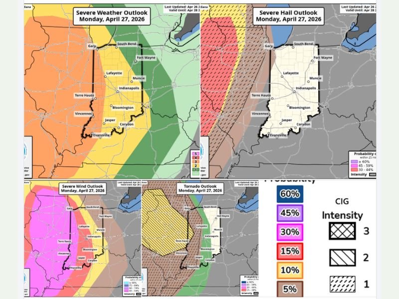 Enhanced Risk Severe Storms to Strike Illinois and Indiana Monday With EF3 Tornado Threat Near Terre Haute, Very Large Hail Across Central Illinois and 58 MPH Damaging Winds