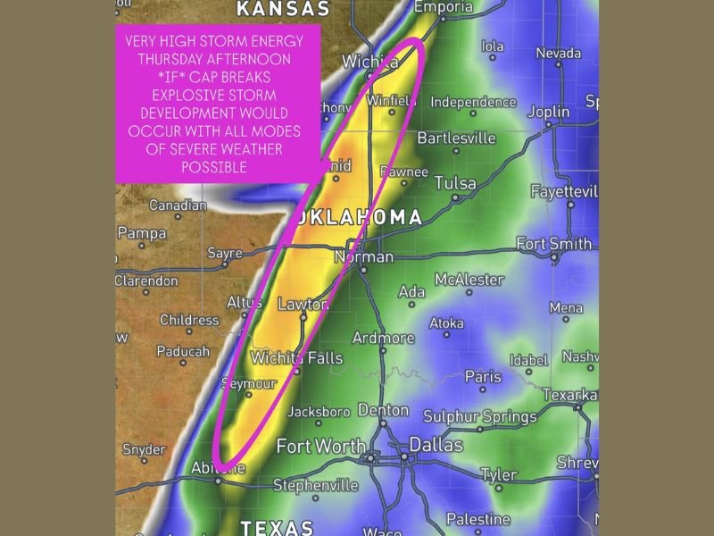 Explosive Storm Development Possible Thursday Afternoon Across Oklahoma, Northwest Texas and South Central Kansas if Atmospheric Cap Breaks With All Severe Weather Modes at Risk