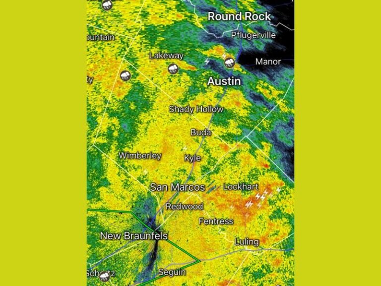 Flash Flood Warning Active for New Braunfels as Steady Rain and Numerous Lightning Strikes Push Into Austin and Central Texas Monday Night