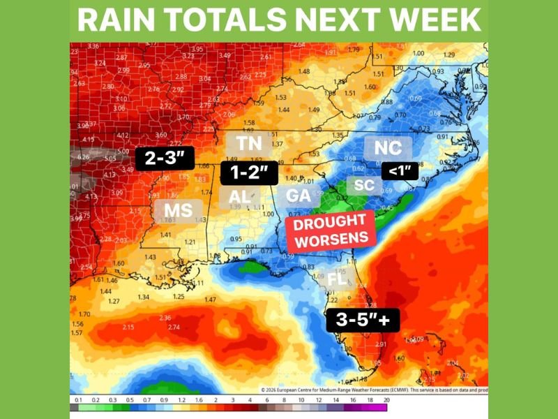 Florida Faces 3 to 5 Inches of Rain While Georgia South Carolina and North Carolina See Less Than 1 Inch Creating Sharp Southeast Rain Divide