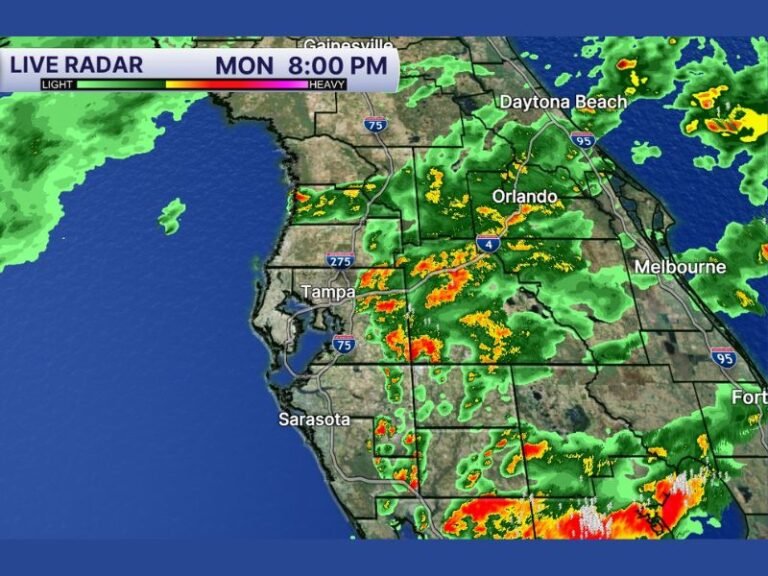 Florida Rain Pattern Intensifies Along I-4 Corridor From Tampa to Orlando as Storms Continue East Into Melbourne and Daytona Beach