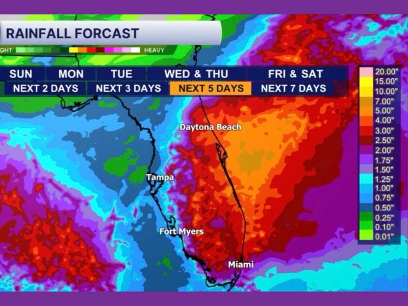 Florida Rainfall Divide This Week Puts Miami, Daytona Beach Under Heavy Multi-Day Downpours While Tampa Stays on Drier Side