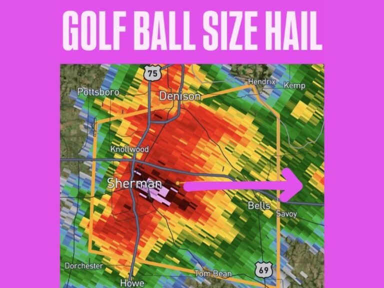Golf Ball Size Hail Hammers Sherman and Denison Texas as Powerful Storm Tears Through Grayson County Impacting Knollwood, Bells and Pottsboro